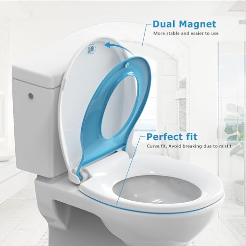 Round Toilet Seat with Built in Potty Training Seat, Potty Training Toilet Seat for Toddlers, Magnetic Kids Seat and Cover, Slow Close and Never Loosen, Fits both Adult and Child, Blue Round
