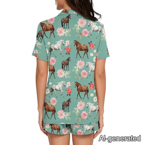 Image of Renewold Women's Short Sleeve Pajama Set Button Down Sleepwear with Notch Collar Soft Lounge Top and Shorts with Pockets