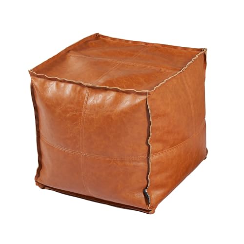 Pouf Ottoman, Unstuffed Pouf Cover, Handmade Faux PU Leather Moroccan, Orange Brown 17.7
