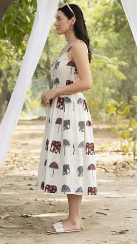 Image of Bollyclues Women's Cotton Printed Midi Dress | Sleeveless Square Neck Casual Summer Dress for Women | Stylish Vacation Dress