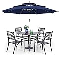 PHI VILLA Patio Dining Set 6 Piece with 4 Metal Outdoor Stackable Chairs, 1 Square Metal Table and 10ft 3 Tier Umbrella(Navy Blue), Outdoor Table Furniture Set for Patio, Deck, Poolside