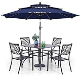 PHI VILLA Patio Dining Set 6 Piece with 4 Metal Outdoor Stackable Chairs, 1 Square Metal Table and 10ft 3 Tier Umbrella(Navy Blue), Outdoor Table Furniture Set for Patio, Deck, Poolside