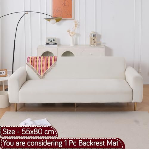 Image of HOKIPO 'Artisan Boho Series' Sofa Backrest Cover with Tassel | 450 GSM Thick Cotton Acrylic Jacquard Fabric Backrest Mat, Size 55x80 cm, Ruby Red (IN-900-A6)
