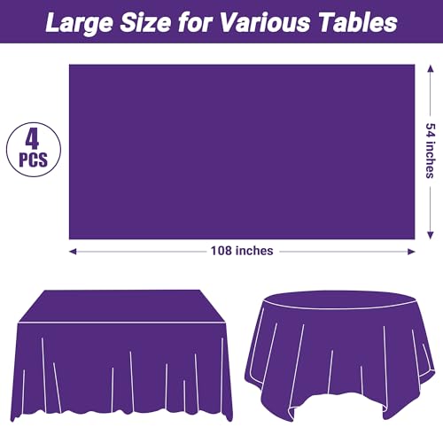 Image of QZYL 4 PCS Plastic Table Cloth, 54 inch x 108 inch Purple Picnic Table Cover, for 6 to 8 Foot Tables, Rectangle Tablecloth for Birthday, BBQ, Wedding and Party Decorations, Indoor Outdoor Home Essentials