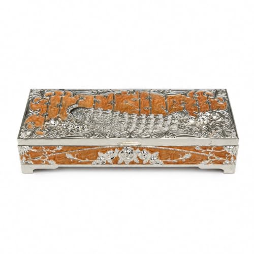 Image of Diviniti Silver Plated Peacock Decorative Storage Box with Lid | Multipurpose Keepsake, Jewelry & Trinket Box | Luxury Home Decor Gift for Dressing Table, Wedding & Corporate Gifting (Peach)