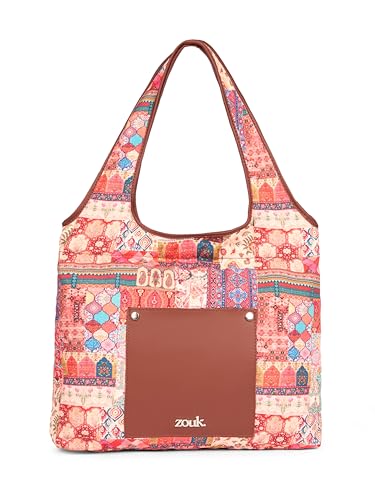 Image of ZOUK Printed Sora Tote Bag | Handcrafted Rollable Women's Tote | Vegan Leather & Canvas Lightweight Shoulder Bag for Daily Use