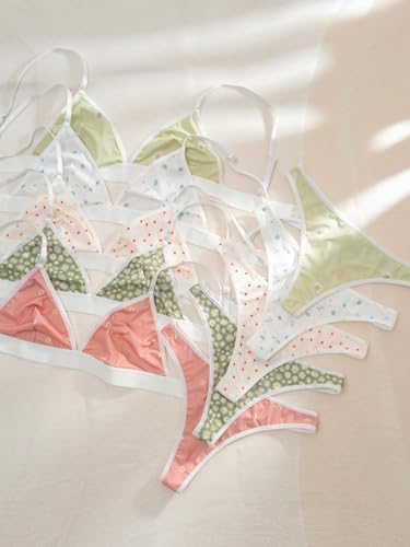 Image of BEAUDRM Women's 5 Sets Matching Bra and Panty Set Polka Dots Print Lingerie Set Triangle Bralettes and Low Rise Thong Set