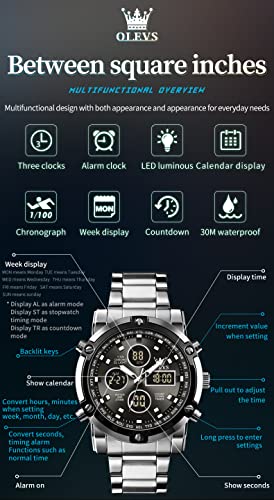 OLEVS Mens Watches Multifunctional Chronograph Led Analog Digital Watch Stainless Steel Day Date Alarm Wrist Watch Gent Luminous Waterproof
