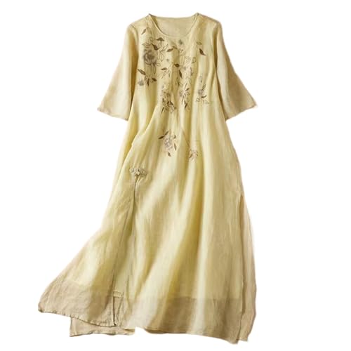 Robe style chinois brodée main en coton lin de qualité supérieure