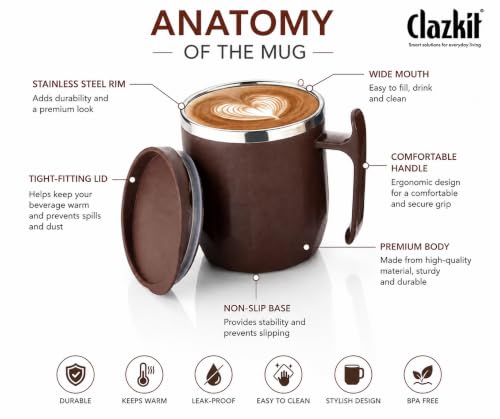 Image of Clazkit Travel Leak Proof Coffee Mug | Stainless Steel Coffee Tumbler | Spill-Proof Lid | Hot & Cold Vacuum Mug for Office, Travel & Car- 300ml - Brown