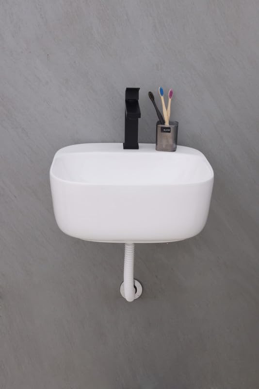 HISRE Wall Mount Wash Basin 18"x18"x7" | Glossy White Ceramic Sink | Modern Rectangular Bathroom Basin for Home, Office and Hotels, photo 3 of 4