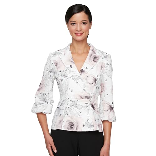 Alex Evenings Womens 3/4 Sleeve Printed Stretch Jacquard Collared Blouse with Side Close