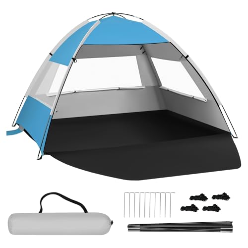 Laneetal Strandmuschel UV-Schutz 50+, tragbares Strandzelt für 3-4 Personen, Sonnenzelt Strand, Sonnenschutz Windschutz, mit Tür Netzfenstern, aus Fiberglasstangen (lblau, ‎200 x 150 x 120 cm)