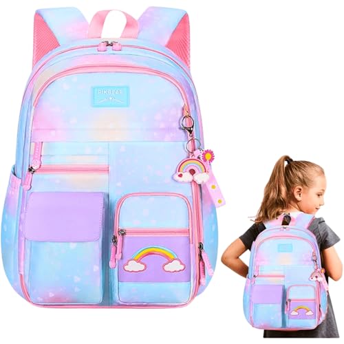 Mochila Escolar Infantil Kawaii Meninas Ensino Fundamental com Compartimentos Femininas Casuais Arco-íris Daypack (AZUL)