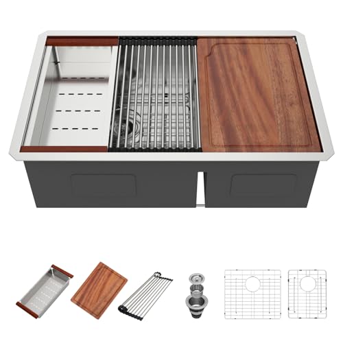 Beslend 30 Undermount Kitchen Sink - 30x19 Double Bowl Kitchen Sinks Workstation 16 Gauge Stainless Steel Sink Low Divide Double Basin 60/40