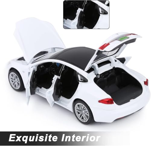 Image of WORSHIPER Tesla Model 66063 1:32 Scale Alloy Diecast Model Metal Pull-Back Car with Sound Light and Opening Doors: A Kids' Toy Vehicle Gift (1:32 Tesla - White)