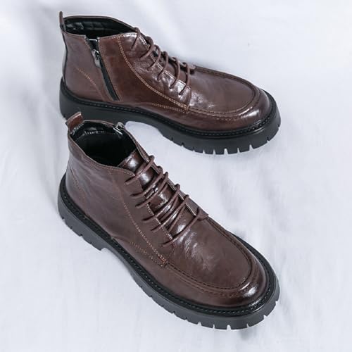 Image of Men's Textured Leather Platform Chunky Low Heel Combat Boots with Side Zipper Vintage Round Toe Lug Sole Non-Slip Lace-Up Motorcycle Boots Work Office Business Casual Oxfords