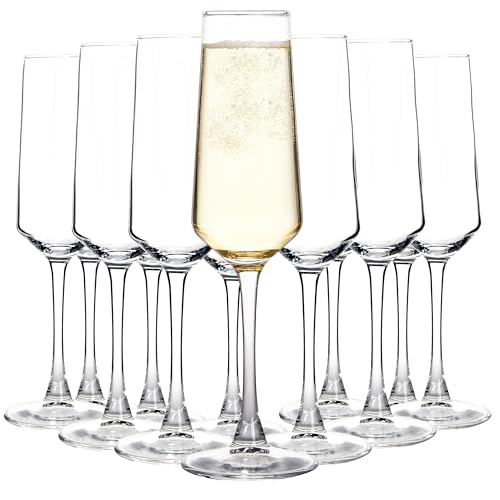 QOWOEO 12 Pieces Champagne Glasses, 8.5 OZ Elegant Champagne Flute with Long Stem, Perfect for Wine Tasting, Weddings, Parties, House Warming, Clear