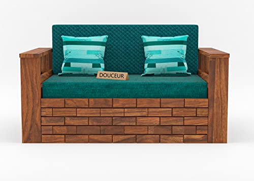Image of Douceur Furnitures Solid Sheesham Wood Wooden Frame Two 2 Seater Sofa Cum Bed for Living Room,Hotels,Apartment & Hall | Finish:-Natural Teak | Cushion:-Teal-Green
