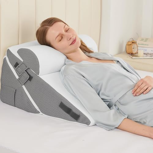 Image of Sasttie Wedge Pillow Set for After Surgery, 2PCS Adjustable Bed Wedge Pillow Headboard with Memory Foam Neck Cushion - for Acid Reflux, Sleeping, Neck & Back Support, Dark Grey & White