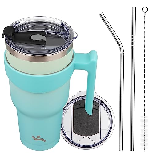 Konokyo 40 oz Tumbler with Handle and 2 Straw 2 Lid, Insulated Water Bottle Stainless Steel Vacuum Cup Reusable Travel Mug, Mint