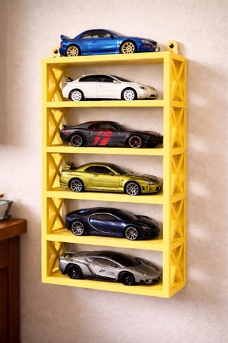 Image of AApnatva 6-Car Display Rack - Premium Matte Black Tabletop Organizer with Tire Slots & Side Guards for 1:64 Scale Diecast Cars (Hot Wheels, Matchbox, Tomica,)(NO CAR INCLUDED) (Yellow)