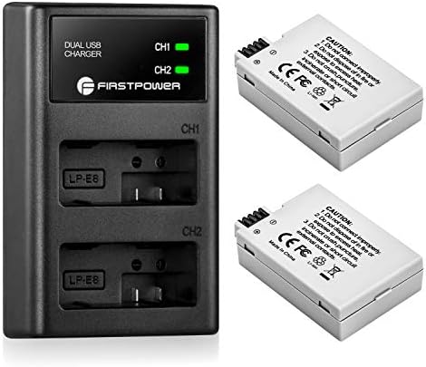FirstPower LP-E8 Battery and Dual USB Charger Compatible with Canon EOS Rebel T2i, T3i, T4i, T5i, EOS 550D, 600D, 650D, 700D, Kiss X4, Kiss X5, Kiss X6 Cameras