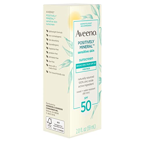 Aveeno Positively Mineral Sensitive Skin Daily Sunscreen Lotion For Face, Broad Spectrum Spf 50 With 100% Zinc Oxide, Lightweight & Non-Comedogenic Facial Sunscreen, Travel-Size, 2 Fl. Oz #TOP7