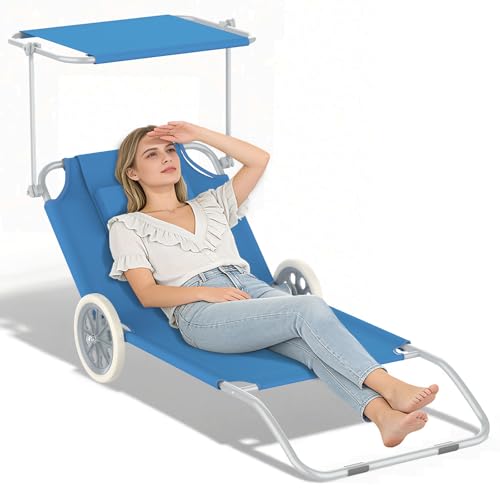 Soontrans Chaise Longue Pliante 147 × 60 × 62 CM, Transat de Plage Pliable avec Roues et...
