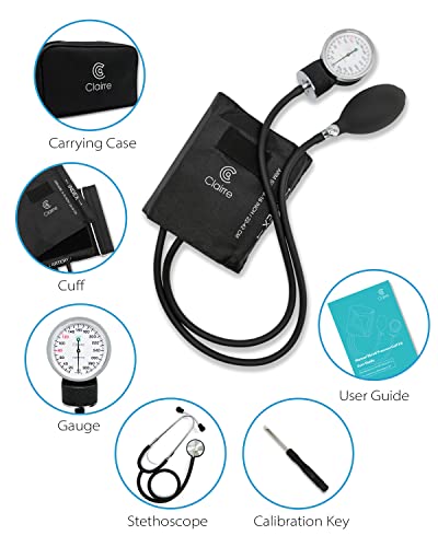 Clairre Professional Sphygmomanometer Manual Blood Pressure Cuff And Stethoscope Kit For Nurses/Doctors/Nursing Students, Carrying Case Included, Universal Cuff Size: 9-16 Inch (Black) #TOP1