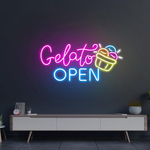 Gelato Open Neon Sign LED Large Gelato Business Welcome Open Neon Light Signs Wall Decor for Ice Cream Bar Shop, Home, Party Gift Size: 30 inches
