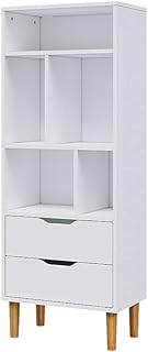 Panana Freestanding Bookcase, Bookshelf with Drawers Display Unit Storage Organiser Cabinet Shelving Shelves Rack Unit Wooden Leg Living Room Office Furniture White