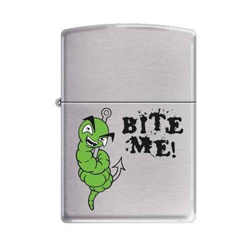 Zippo Brushed Chrome Bite Me Fishing Hook with Worm Cigarette Lighter