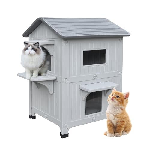 CSQOO Plastic 2 Story Outdoor Cat House with Escape Door, Waterproof Cat House for Feral Cats for Outdoor Indoor Use, Sturdy Cat Houses for Outdoor Cats, Clean & Assemble Easily(Grey)