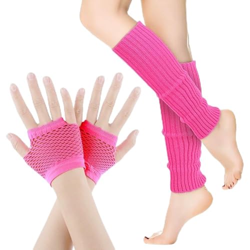 katmerio Elastische Neon Beinstulpen und Netzhandschuhe, 80er 90er Jahre Kostüm Zubehör, Neon Beinwärmer Retro Party Accessoires für 80er 90er Kostüm Party Fasching Karneval Zubehör
