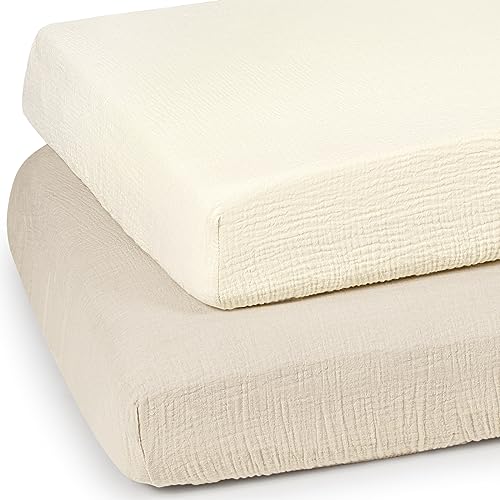 lulumoon Mini Crib Sheets Muslin: Pack and Play Sheets for Boys and Girls - Cotton Fitted Crib Sheet for Pack N Play Mattress and Playard 2Pack 24