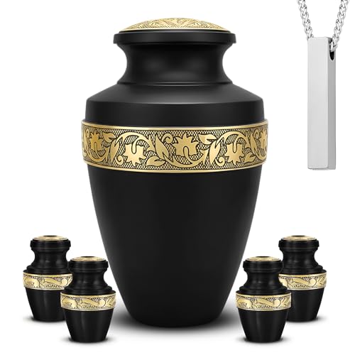 Set of 6 Black & Gold Decorative Cremation Urns for Ashes Adult Male & Female Includes 1 Large Black Urn with 4 Small Keepsakes & 1 NecklaceUrn for Human Ashes