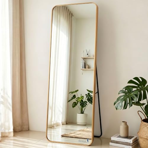 Image of Story@Home Standing Mirror Full Length with Stand | Aesthetic Standing Mirror for Bedroom | Metal Heavy Thick Frame Cheval Mirror Freestanding with Attached Stand - 5.25 feet, Gold
