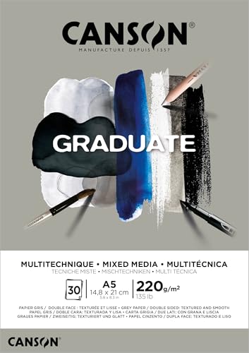 Canson Graduate, Papel Mixed Media, Doble cara: Granulada y lisa, 220g, Encolados por el lado corto, A5-14,8x21cm, Gris, 30 Hojas