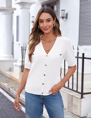 Zeagoo Women's 2025 Summer Short Sleeve Cardigan V Neck Button Down Ribbed Knit Casual Cropped Sweater Tops2