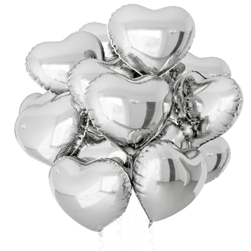 Image of 15Pcs Silver Heart Foil Balloons 18 Inch Helium | Heart Shaped for Valentines Day Engagement Anniversary Birthday Bridal Wedding Party Decorations