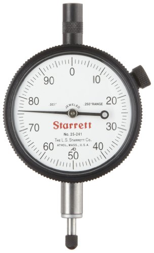 Starrett 25-241J Dial Indicator, 0.375" Stem Dia., Lug-on-Center Back, White Dial, 0-100 Reading, 0-0.25" Range, 0.001" Graduation