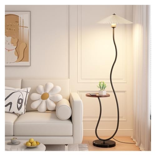 Lámpara de pie LED moderna con base de mármol y mesa de madera negra para dormitorio
