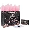 Juego de bolsa de regalo de cumpleaños negra grande de 13 pulgadas con asas, tarjeta de felicitación, papel de seda rosa y calcomanías para niñas, mujeres, niños, adolescentes, diseño de tiara, 1