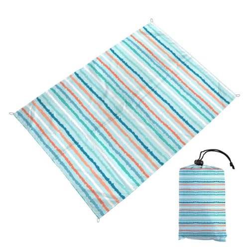 Surwin Stuoia Spiaggia Pieghevole Grande Stuoia Mare Antisabbia Portatile, Coperta da Spiaggia Impermeabile con Picchetti Telo Picnic Tascabile Leggero per Parchi (100x140cm,Strisce colorate)
