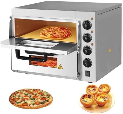 Countertop Pizza Maker with Visible Window and Handle, 2-Layers Commercial Pizza Cooker Stainless Steel Electric Indoor Pizza Oven, Adjustable Temperature + Timer