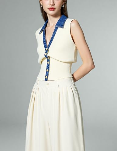 Womens Denim Trim Sweater Vest Sleeveless V Collar Crop Tank Top Knit Loose Pullover Outfit4