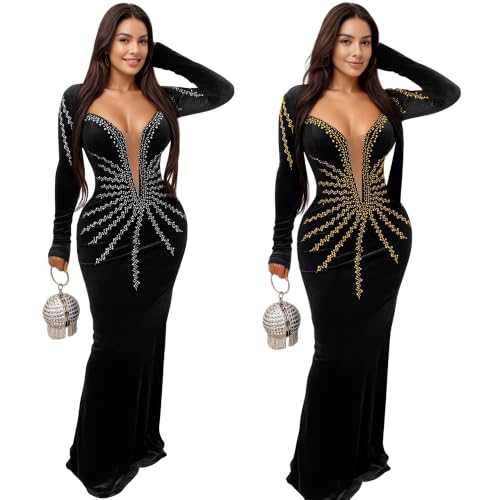Image of PORRCEY Women's Sexy Rhinestone Lace Sheer Mesh Formal Evening Dress