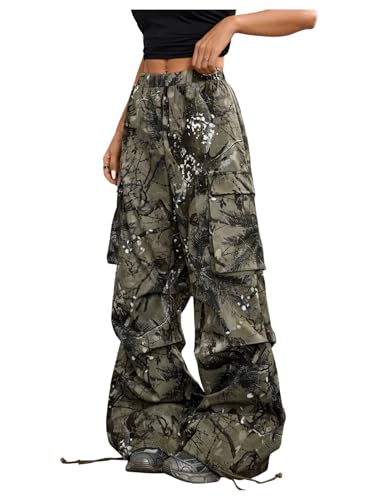 GORGLITTER Women's Camo Baggy Cargo Pants Wide Leg High Waisted Y2K Camouflage Parachute Pants