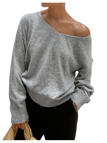 Women's V Neck Knit Sweater Long Sleeve Lightweight Off The Shoulder Sweaters Pullovers Trendy